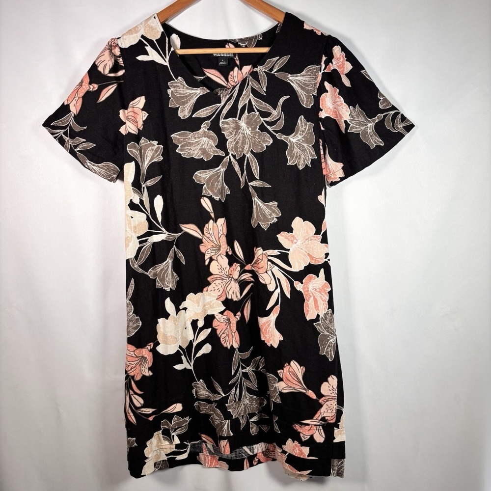 Nicole Miller Linen Dress Womens Large Shift Resort Floral Border Hem Spring